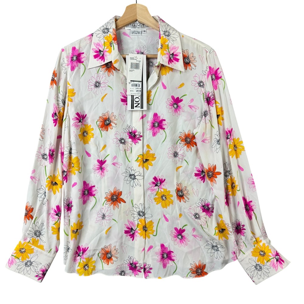 Starington Womens 100% Silk Floral Button Down Blouse White Pink Yellow Size 10